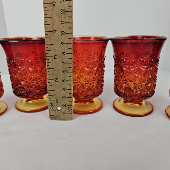 Amberina Daisy Button Glasses Set Of 5 Red Orange Art Glass 3.75 " Tall Vintage - Picture 11 of 16